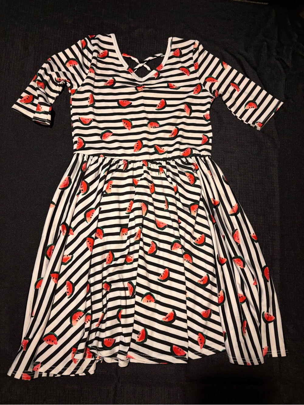 Dot Dot Smile Black & White Striped Dress with Red Watermelon Print